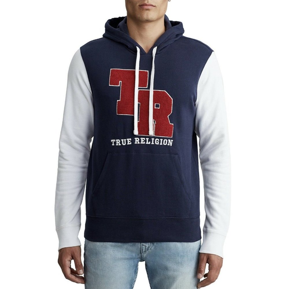 True Religion Men's Chenille Patch Pullover Hoodie Sweatshirt Large Blue White